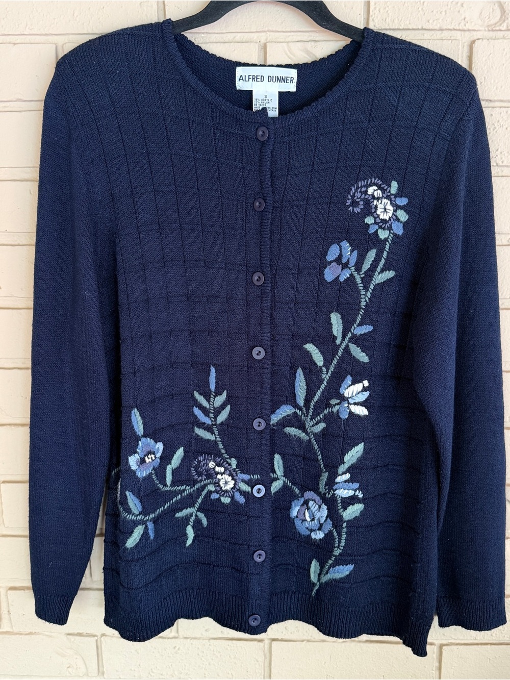 Vintage 90s Embroidered Blue Floral Cardigan Sweater Womens S Coastal Grandma
